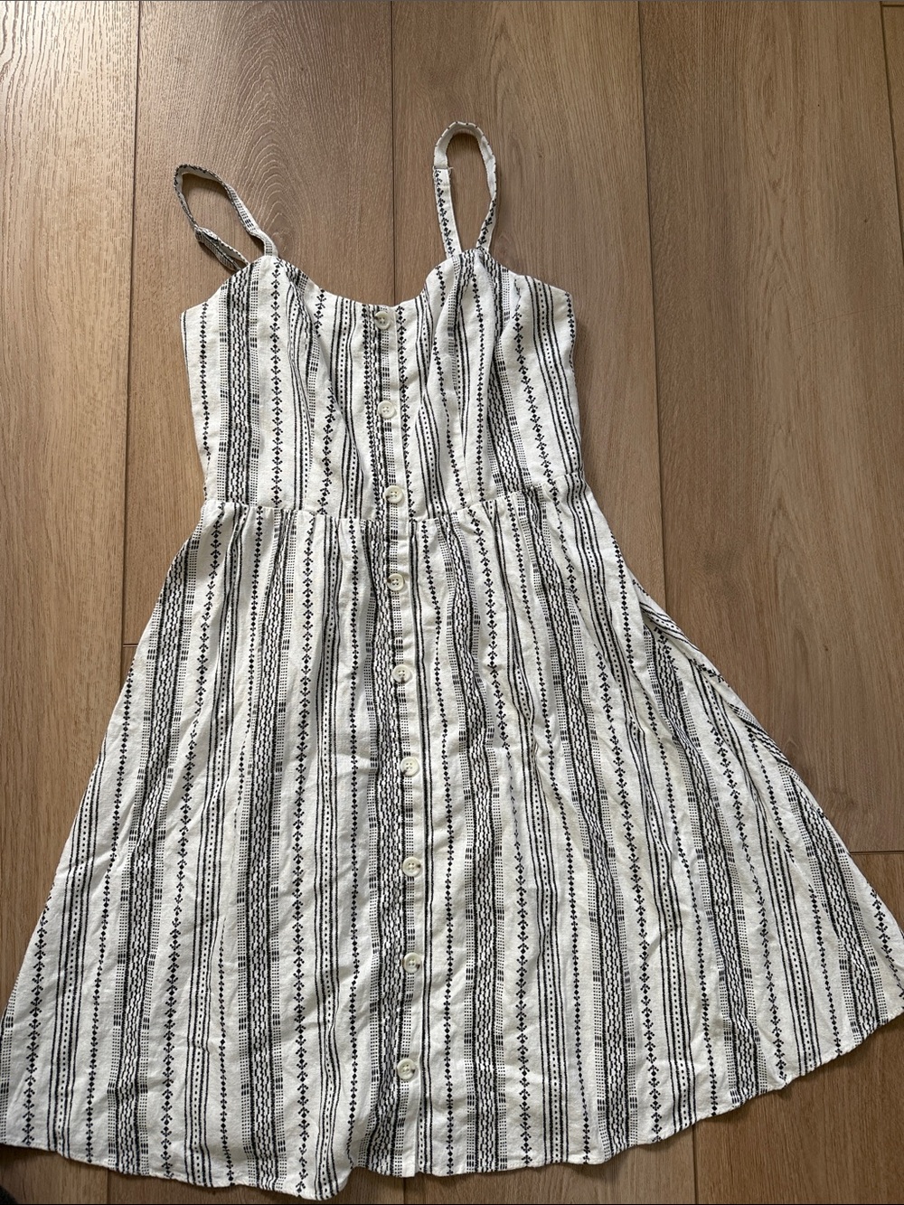 Old Navy Black and White Striped Button-Front Mini Linen Blend Dress Size Small